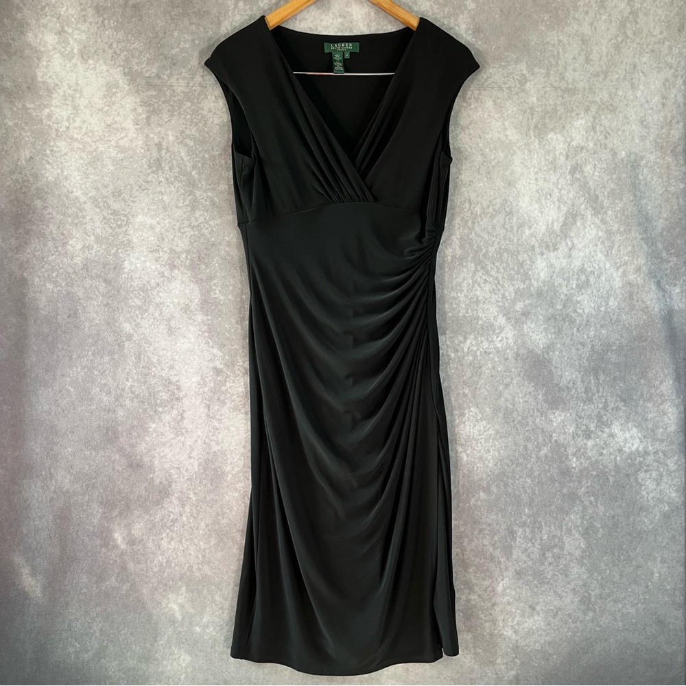 Lauren Ralph Lauren Dress Womens 8 Black Ruched Surplice V-Neck Sheath‎ LBD